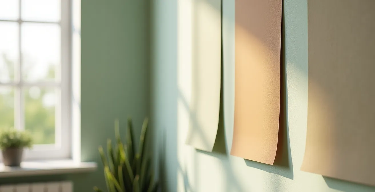 Close-up of greige paint swatches on wall showing warm undertones in different lighting conditions