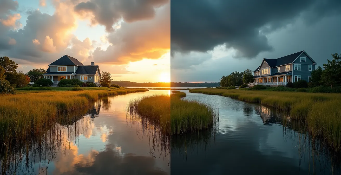 Aerial view of wetland-adjacent properties showing natural flood protection zones