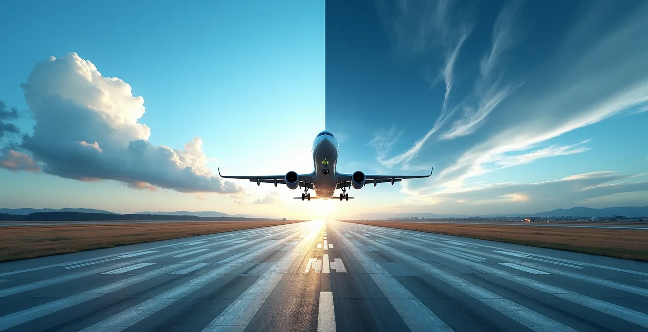 Split view showing clear skies at airport versus stormy weather data visualization
