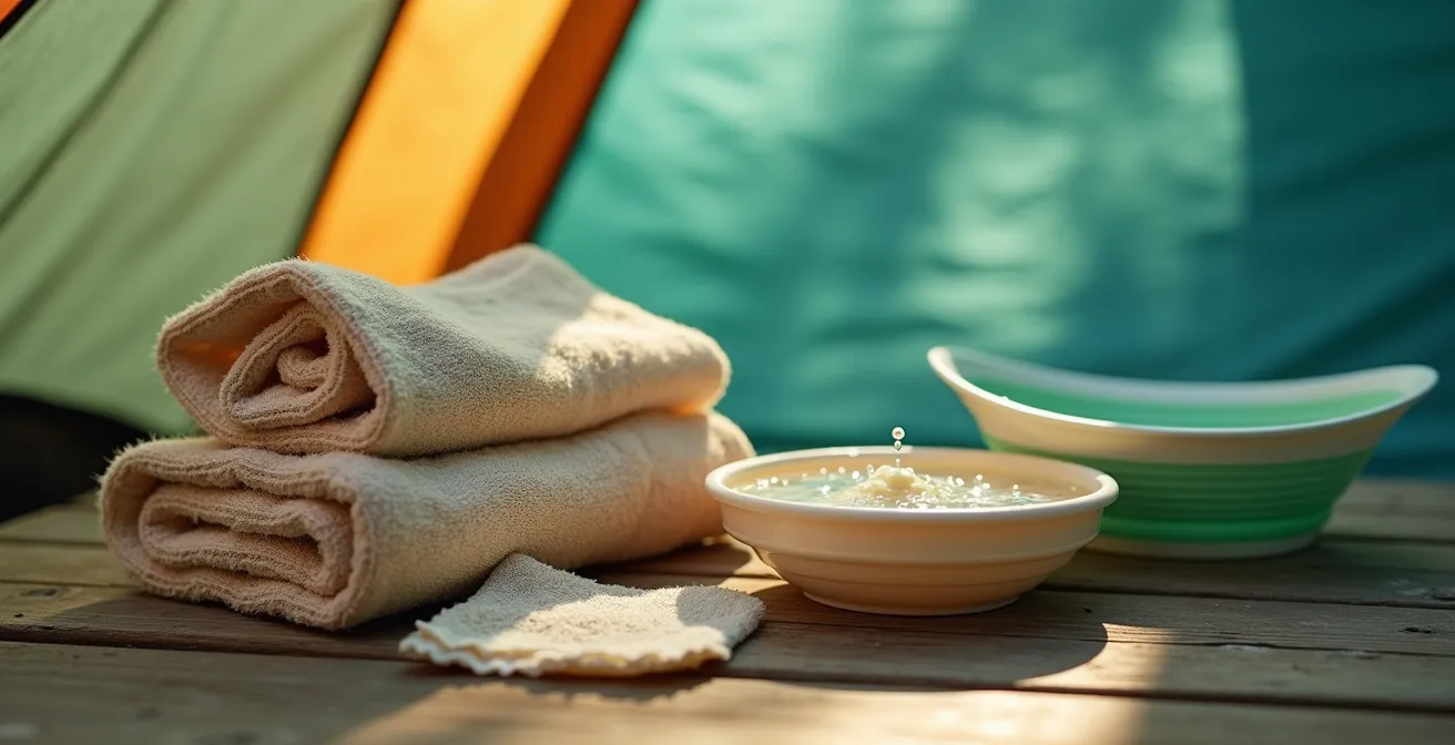 Close-up of organized hygiene kit with eco-friendly wipes and microfiber towels