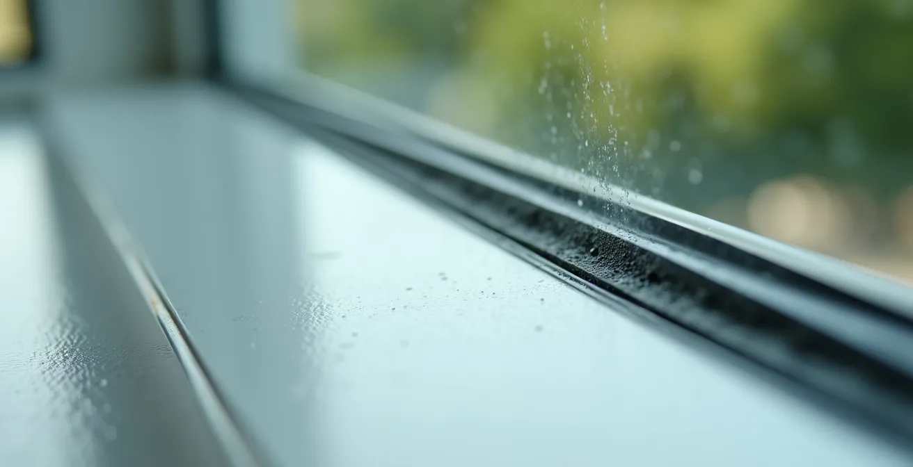 Macro view of window film creating insulating air gap on glass surface
