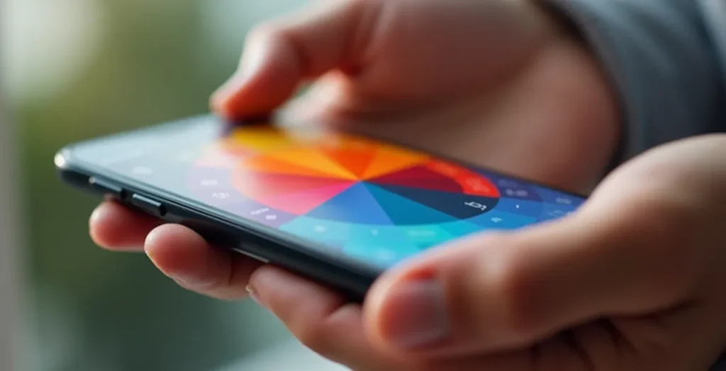 Hands holding smartphone with colorful mood selection wheel for movie filtering Hands holding smartphone with colorful mood selection wheel for movie filtering